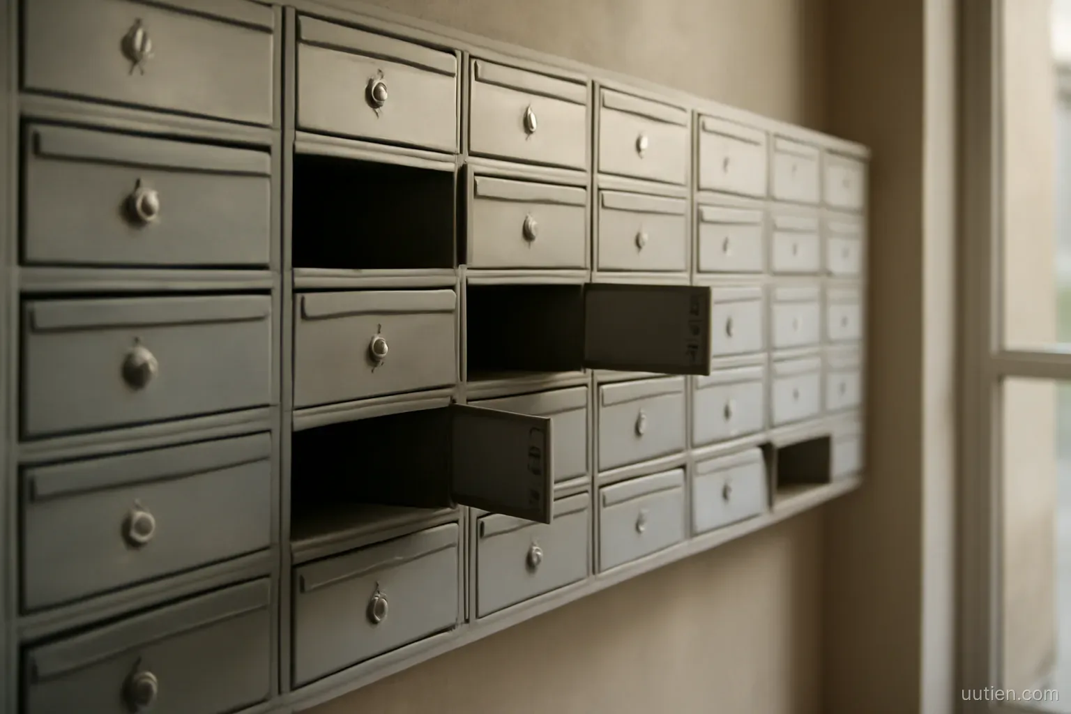 a wall of numbered mailboxes in an apartment lobby, some open some closed, no legible numbers