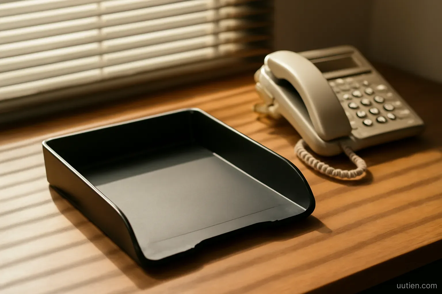 an empty letter tray on an office desk with a telephone beside it, morning light through blinds