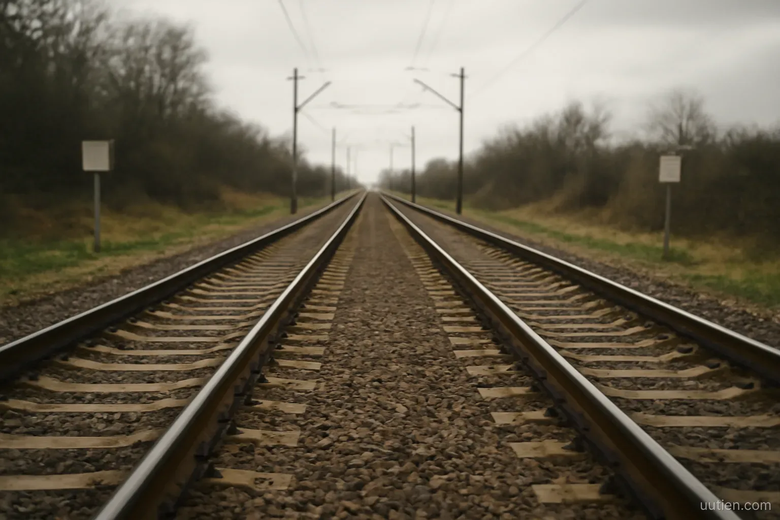 two parallel railway tracks running side by side into the distance, no train, overcast sky