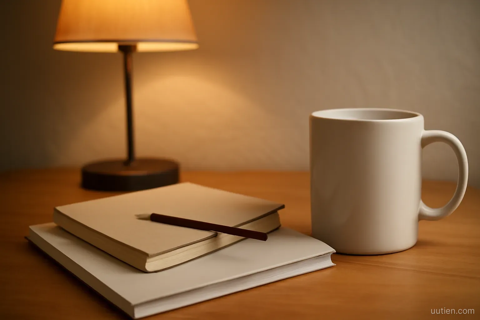 a language workbook and a notebook stacked beside a mug on a study table, evening lamp