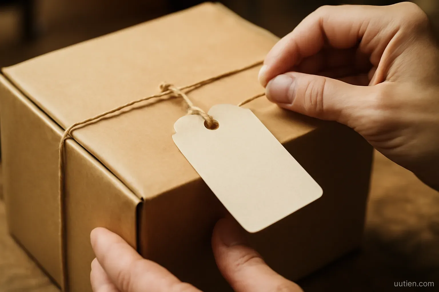 a paper tag with a string being tied onto a new cardboard box, close crop, workshop light