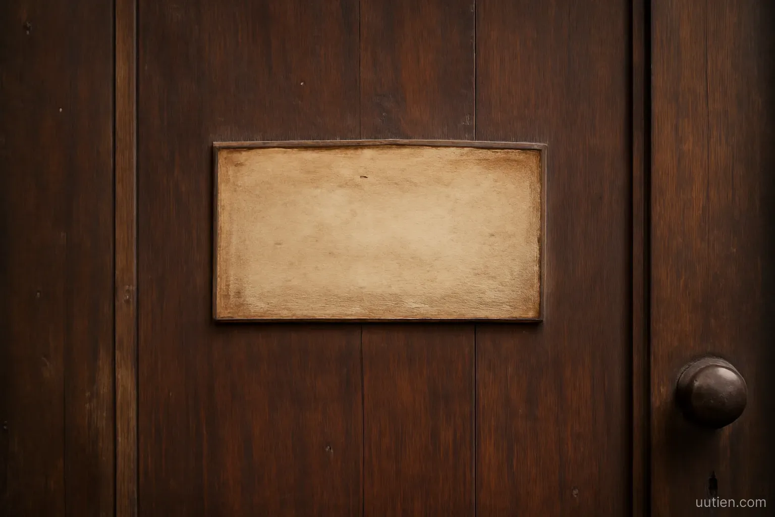 a wooden door with an old nameplate removed leaving a lighter rectangle, close view, daylight