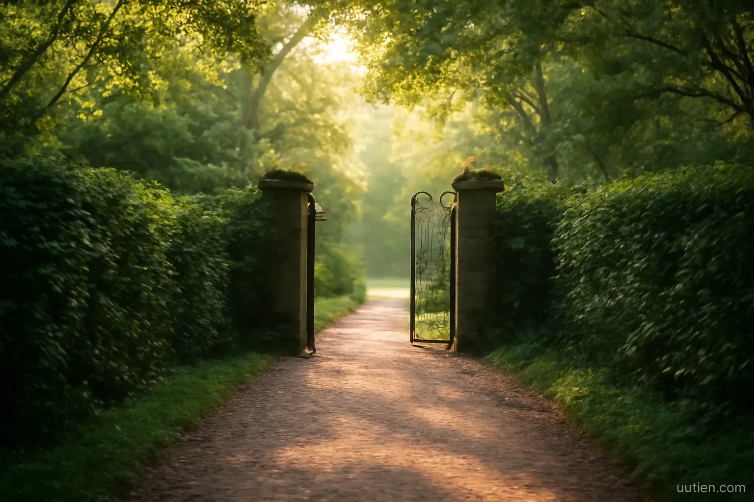 an open gate at the end of a garden path with no queue, morning light through trees