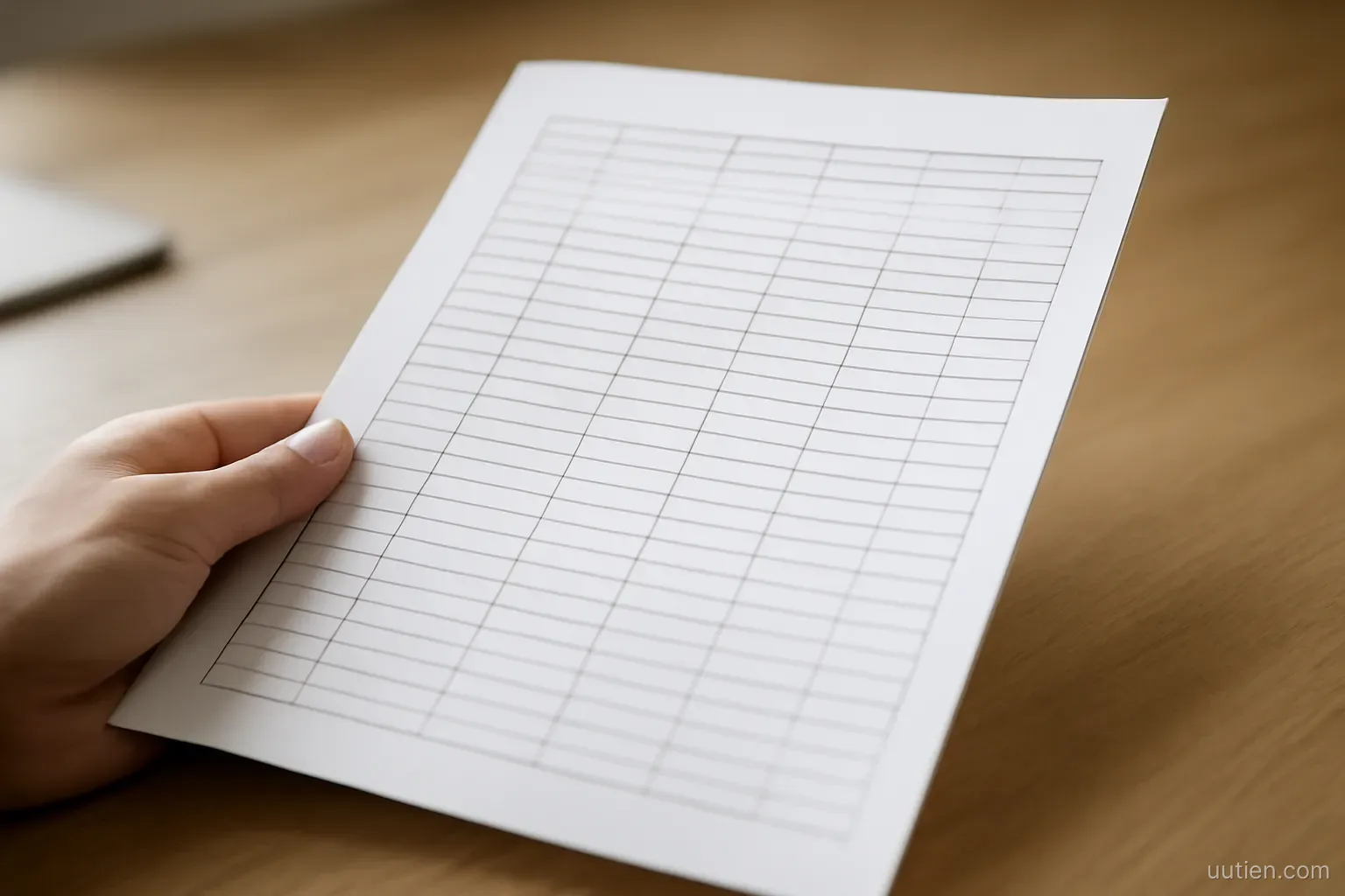 a printed table of rows and columns on paper held at an angle, text unreadable, desk background
