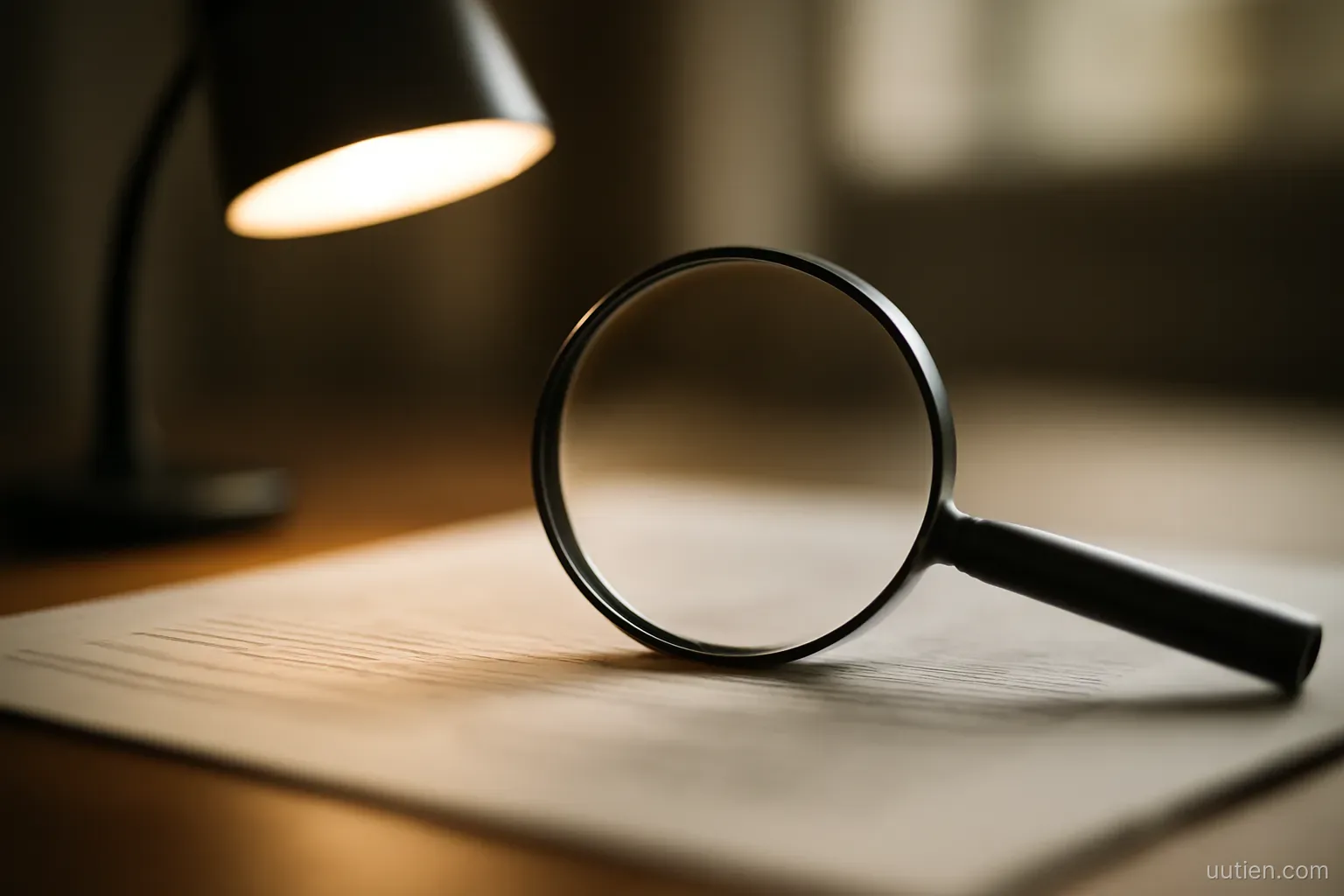 a magnifying glass resting on a printed page showing only blurred lines of text, desk lamp light