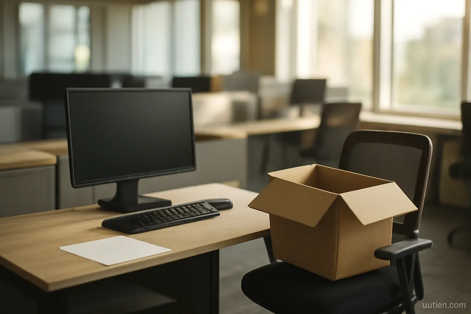 an empty desk in an open plan office with a cardboard box on the chair, morning light