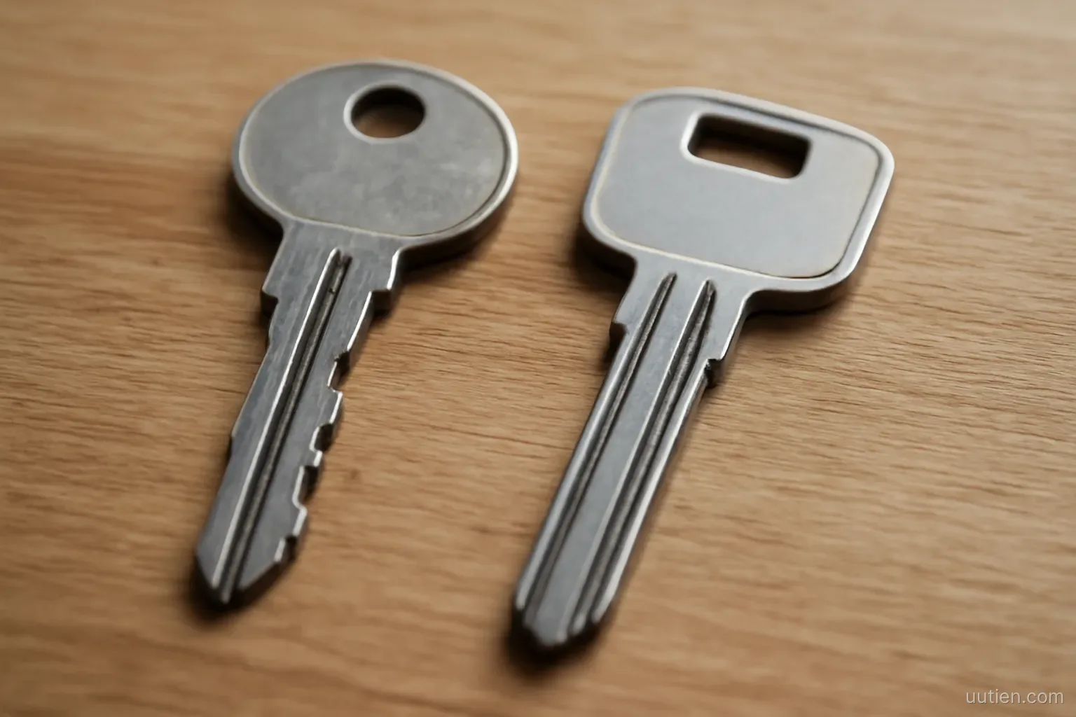 two keys of different shapes lying side by side on a plain wooden surface, close crop