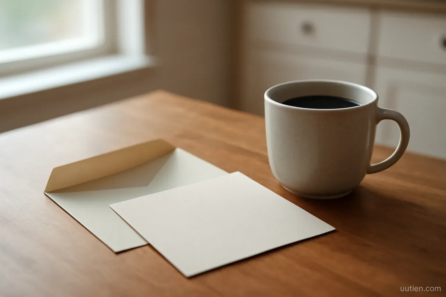 an opened letter lying on a kitchen table next to a cup of coffee, morning window light