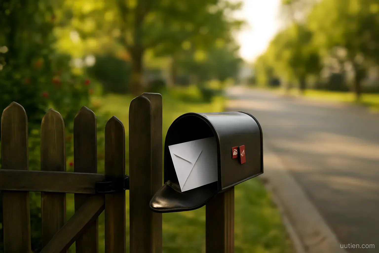 a mailbox by a garden gate with one envelope sticking out, suburban street, morning light