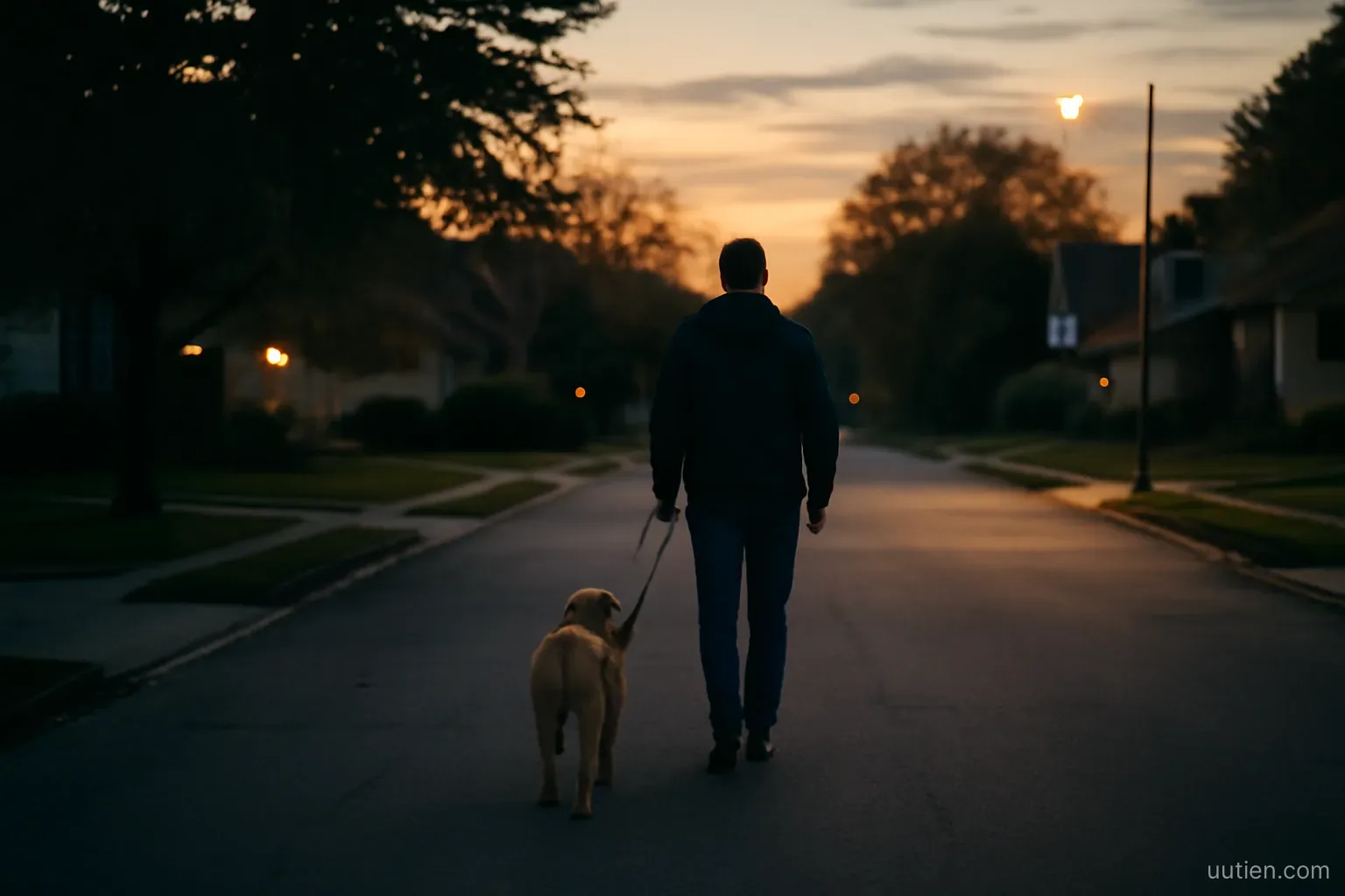 a person walking a dog on a quiet residential street at dusk, seen from behind at a distance