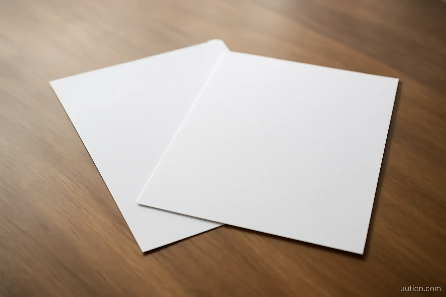 two sheets of paper overlapping on a desk with one slightly higher than the other, plain lighting