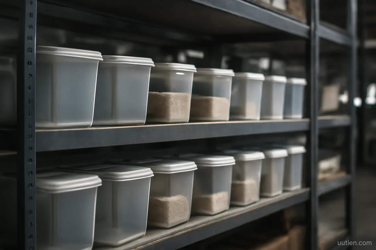 rows of identical small containers on a warehouse shelf, some empty some filled, industrial lighting
