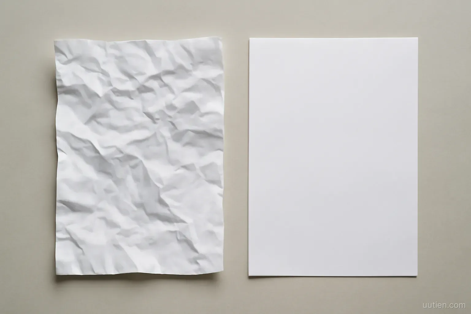 a crumpled sheet of paper beside a smooth one on a plain desk surface, top down, even lighting