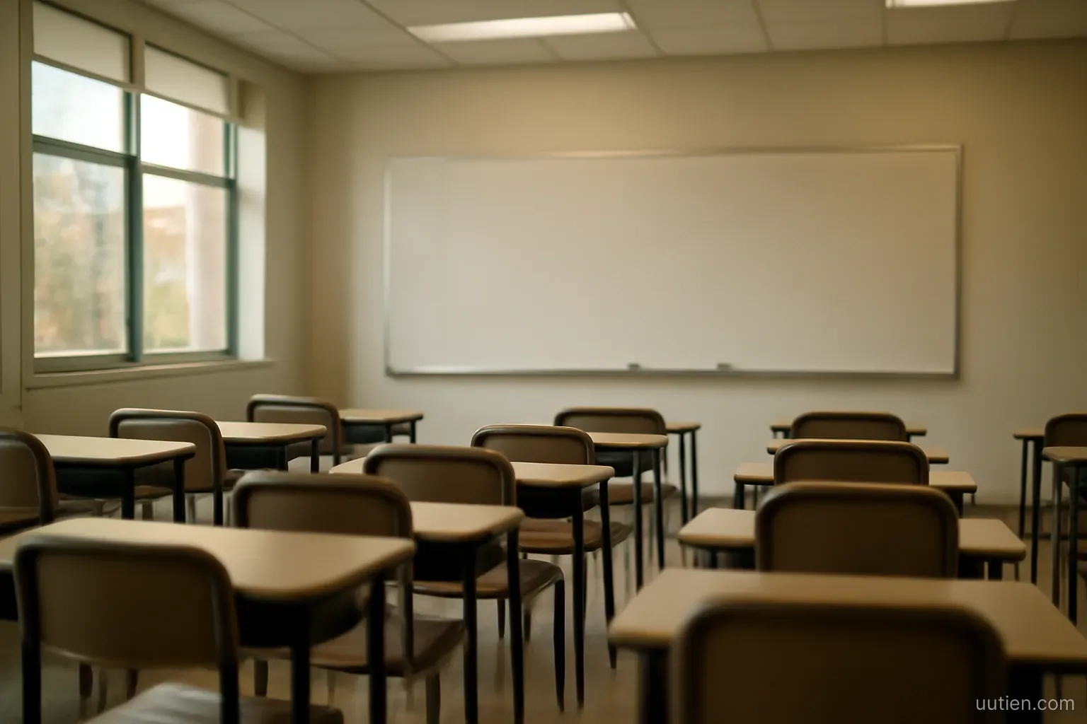 an evening class room with empty chairs and a whiteboard wiped clean, fluorescent light