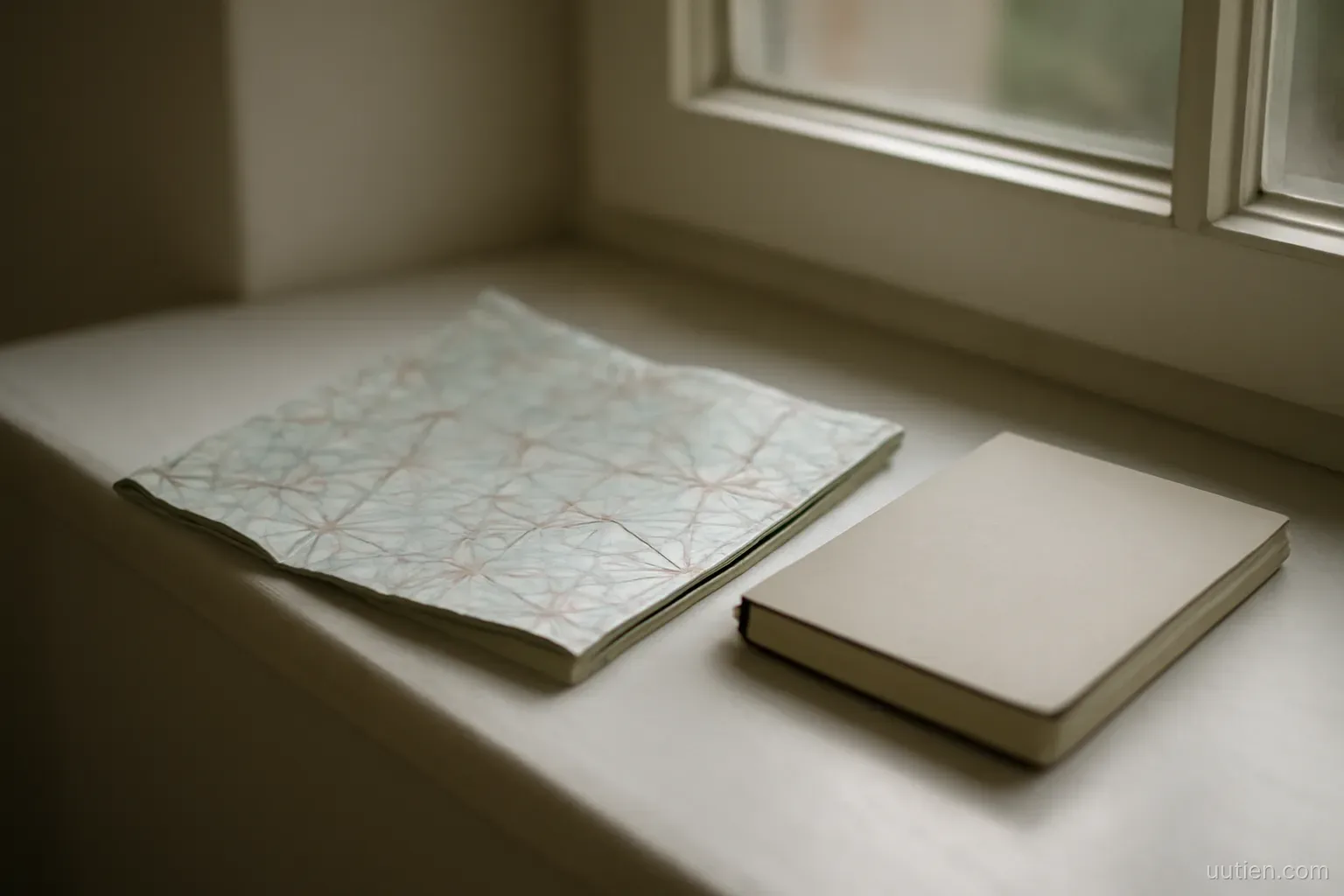 a folded road map placed on a windowsill beside a closed notebook, quiet room, natural light
