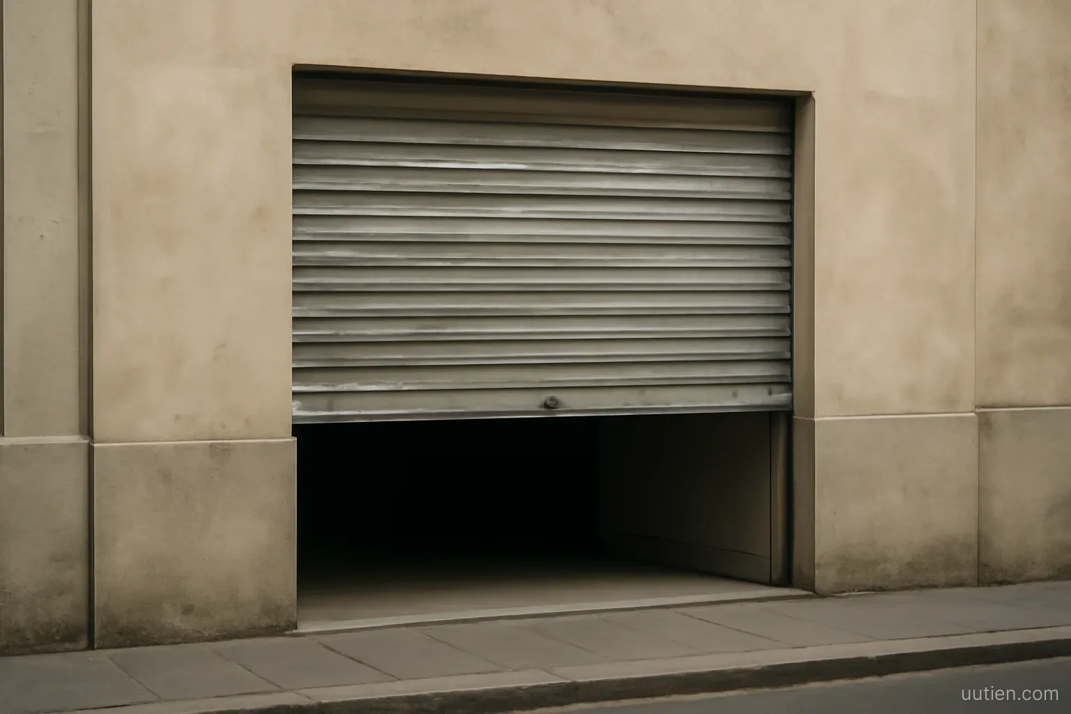 a shop shutter halfway down over a doorway on a quiet street, no signage, flat daylight