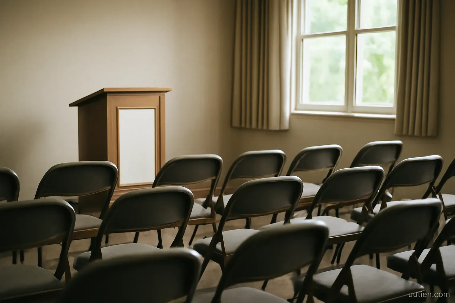 a small ceremony room with rows of empty folding chairs facing a plain podium, daylight
