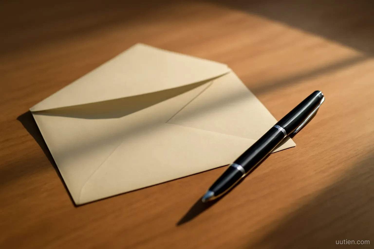 an opened envelope and a pen lying on a table with morning sunlight across the surface