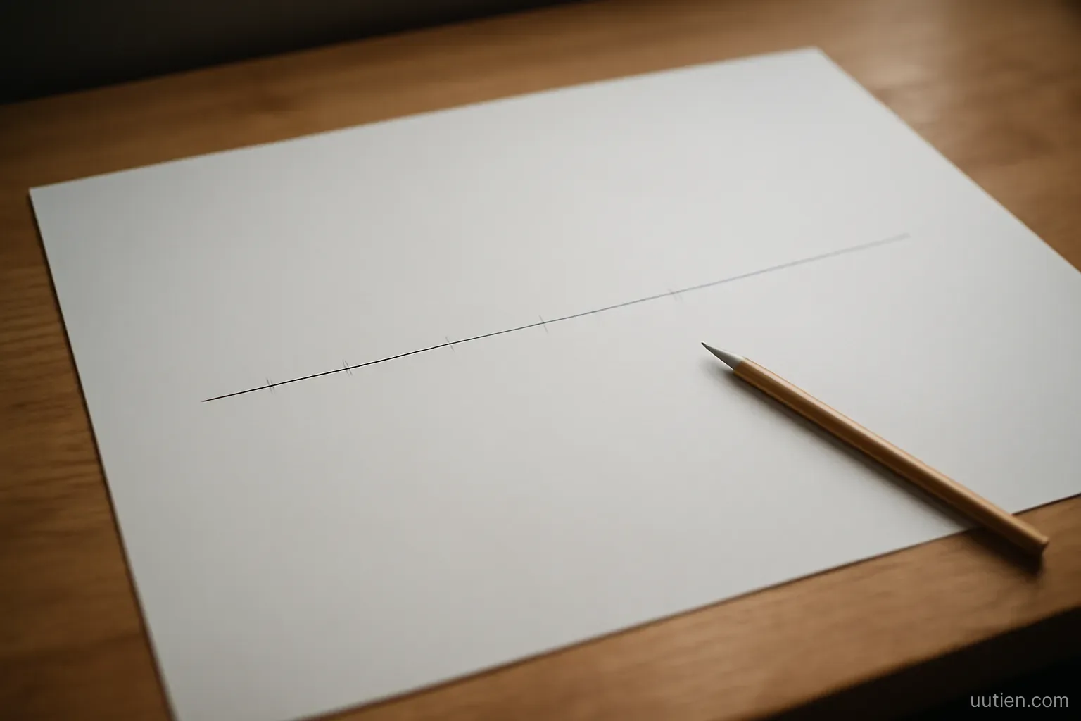 a large sheet of paper with a hand drawn horizontal line and small marks along it, pencil on desk