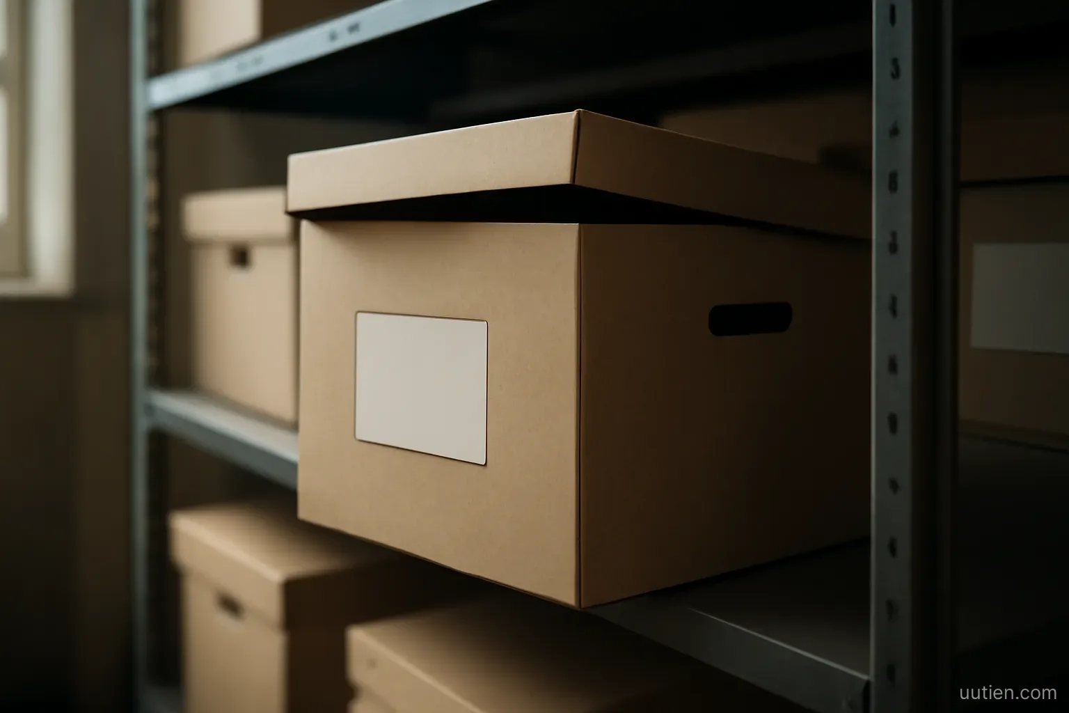 a labeled archive box on a shelf with its lid slightly ajar, no readable label, storage room