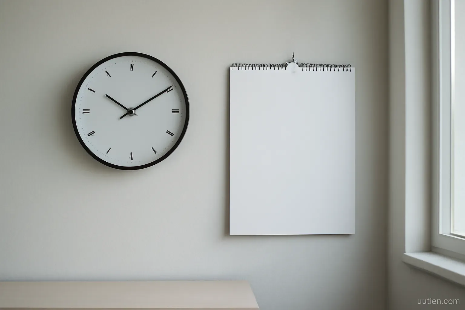 a wall clock and a wall calendar hanging side by side in an empty office, no readable numbers