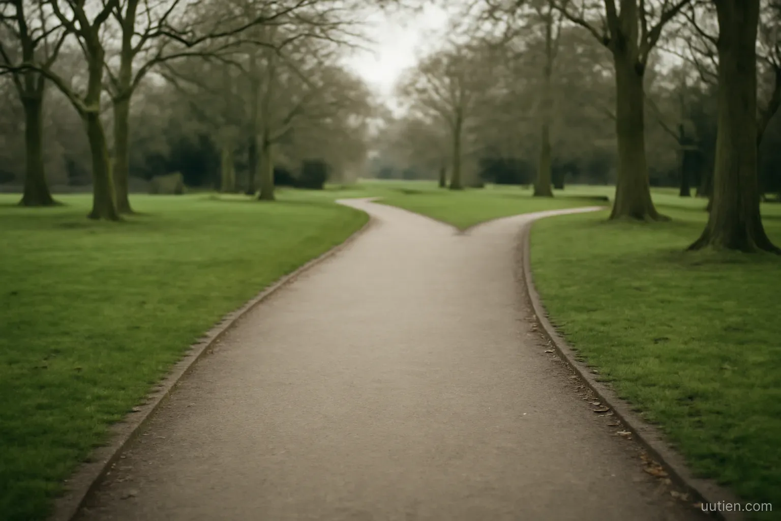 two parallel footpaths diverging in a park, one wider than the other, no people, overcast day