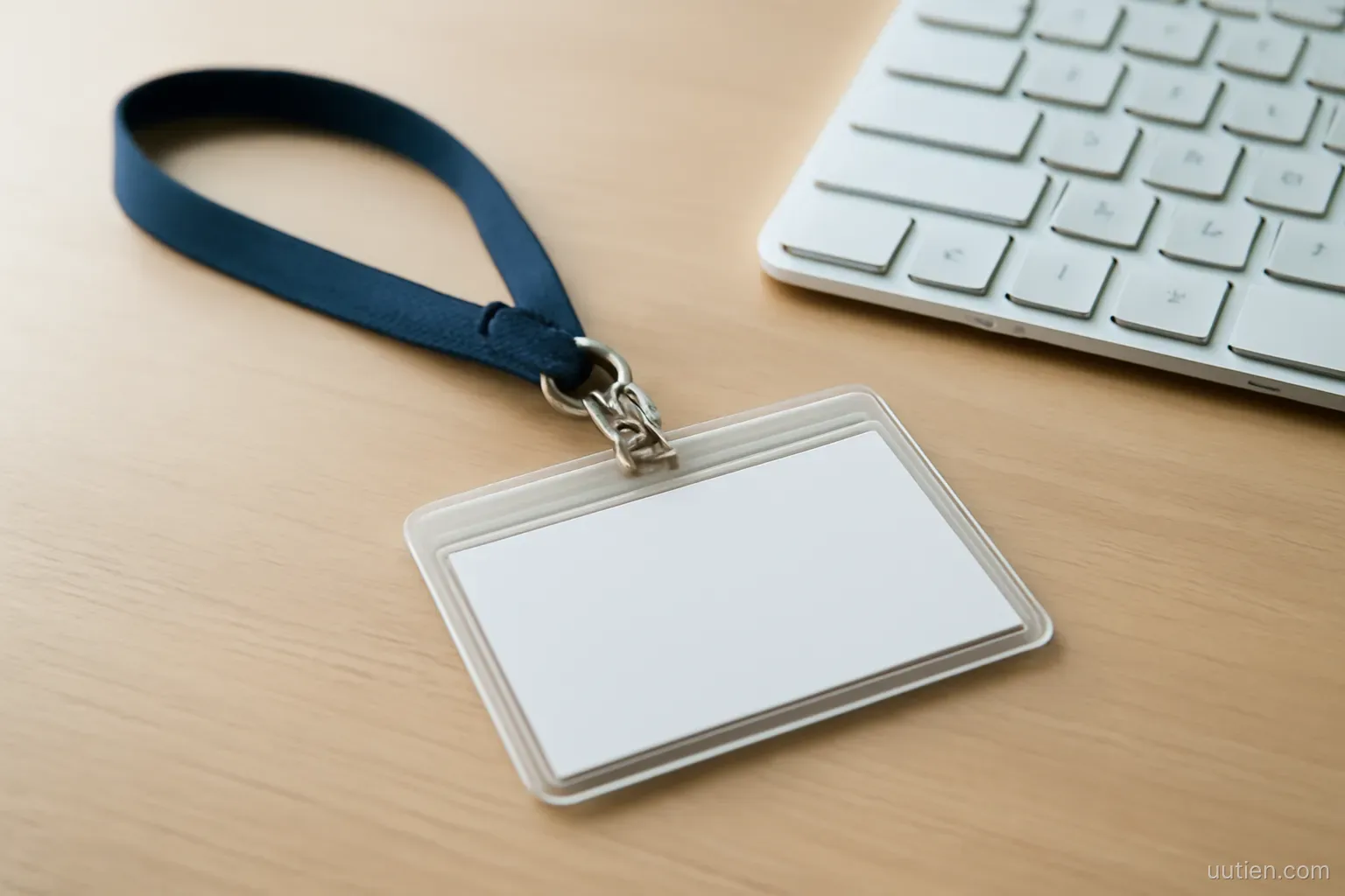 an office badge on a lanyard lying beside a keyboard on a desk, no readable text, daylight