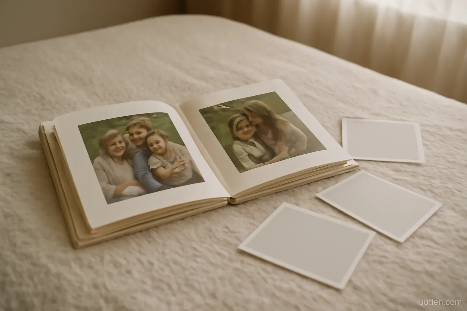 a family photo album open on a bed with several loose photos beside it, soft bedroom light