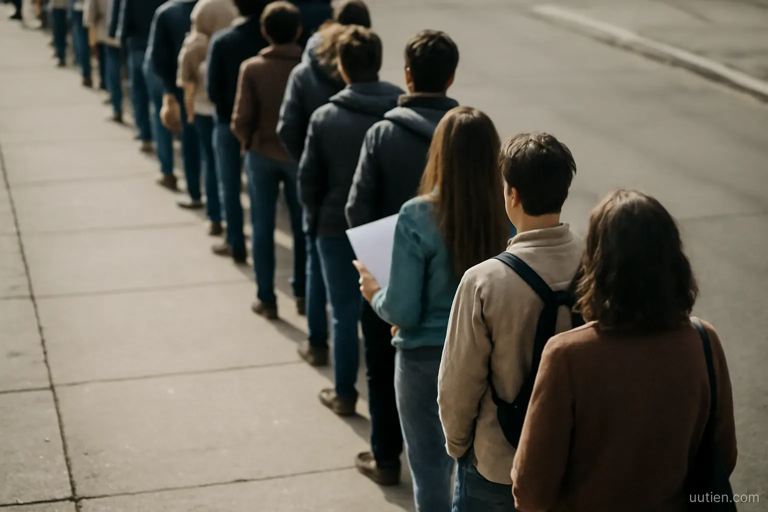 a long queue of people standing on a sidewalk seen from above, no faces visible, daylight