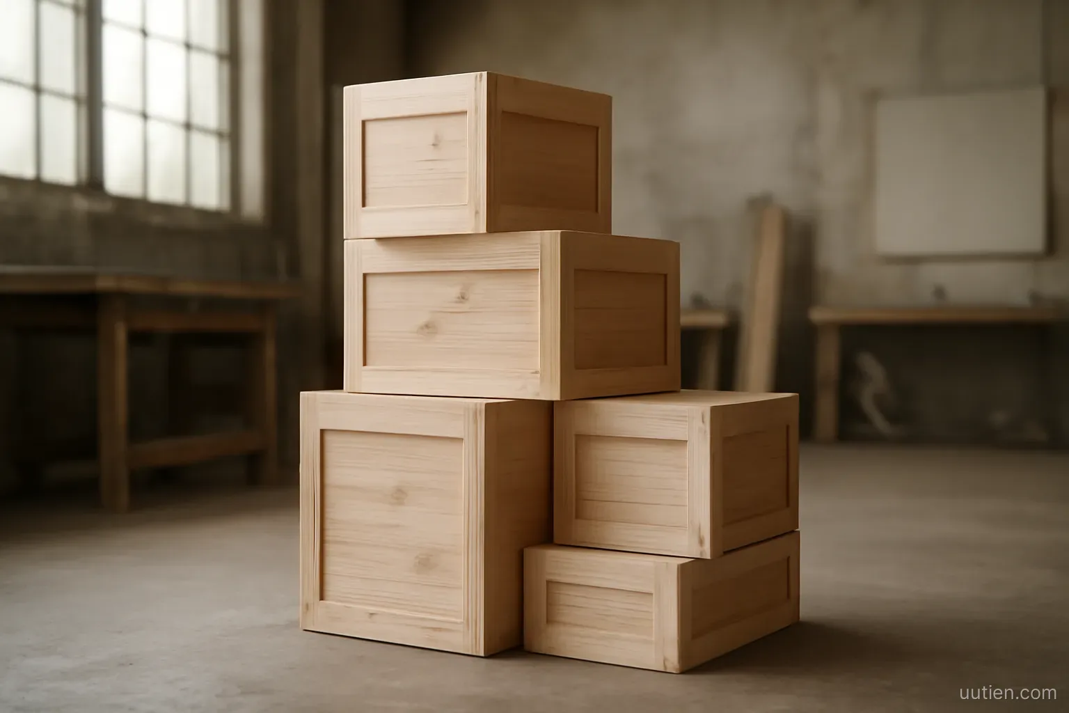 a set of stacked wooden boxes of different heights in an empty workshop, neutral daylight