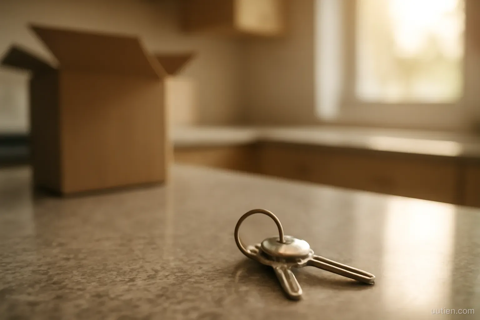 a set of house keys lying on a kitchen counter next to a half unpacked box, warm afternoon light