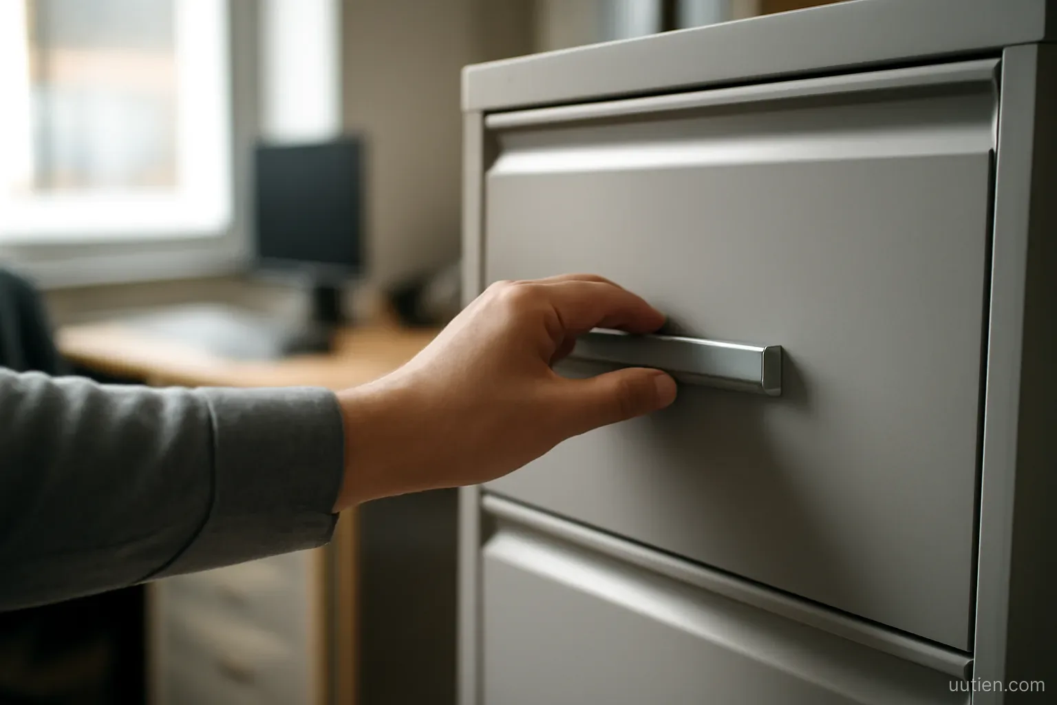 a hand closing a file drawer in a cabinet, no labels visible, office interior