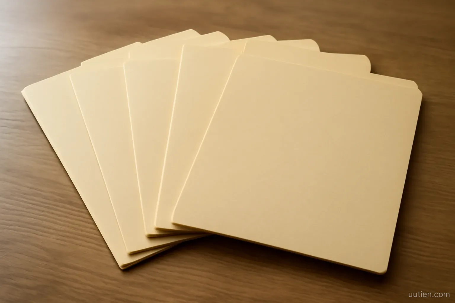 several unlabelled paper folders fanned out on a table in a row, top down view, daylight