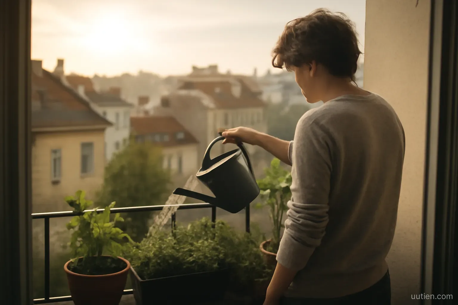 a person watering plants on a small balcony in the early morning, city rooftops behind, soft light