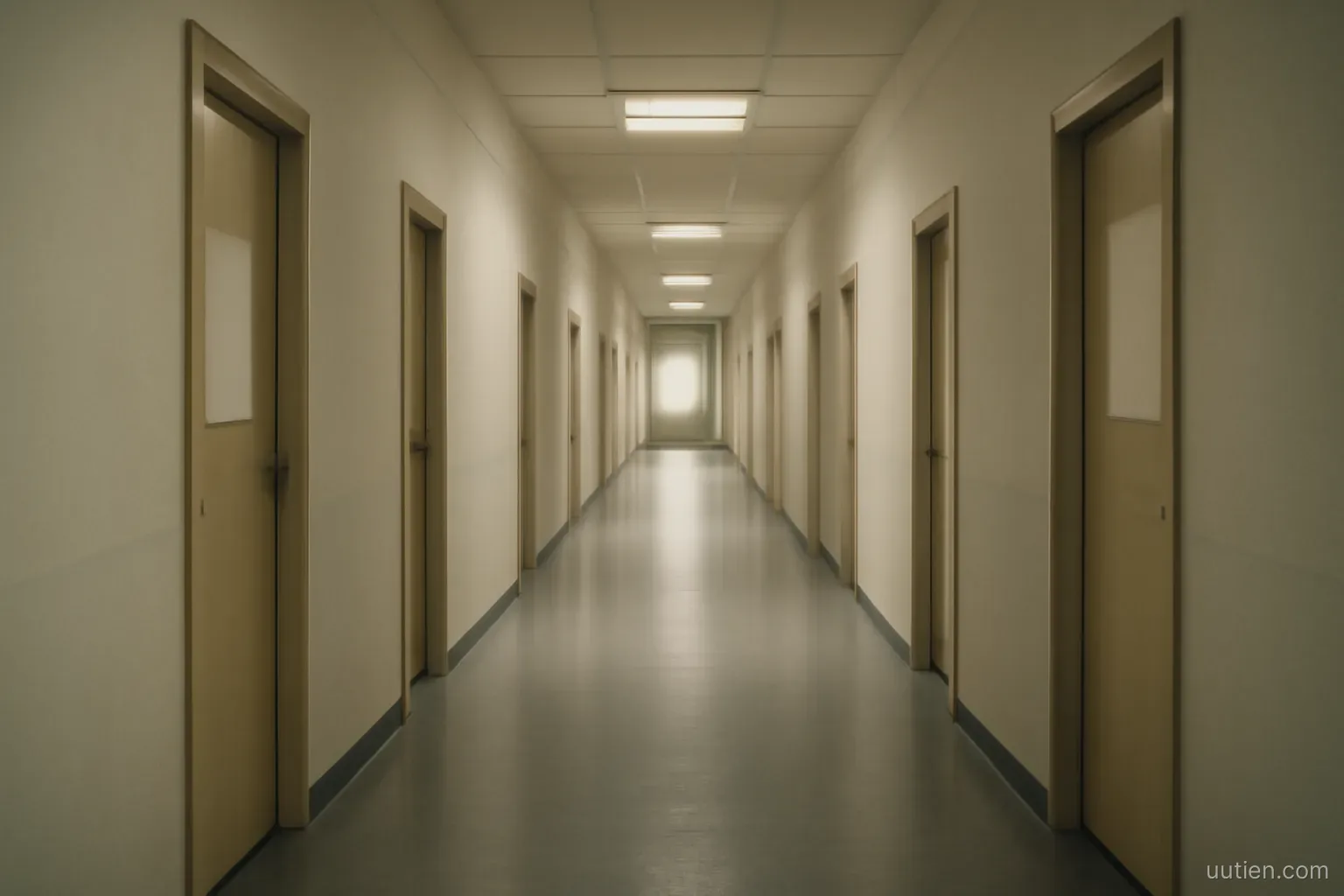 a long empty corridor with doors on both sides, vanishing point in the distance, plain lighting
