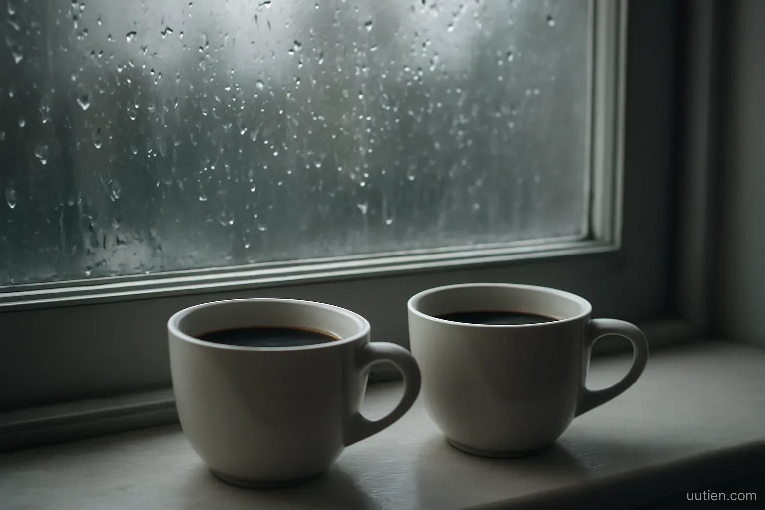 two coffee cups on a windowsill with rain outside, no people, soft grey light