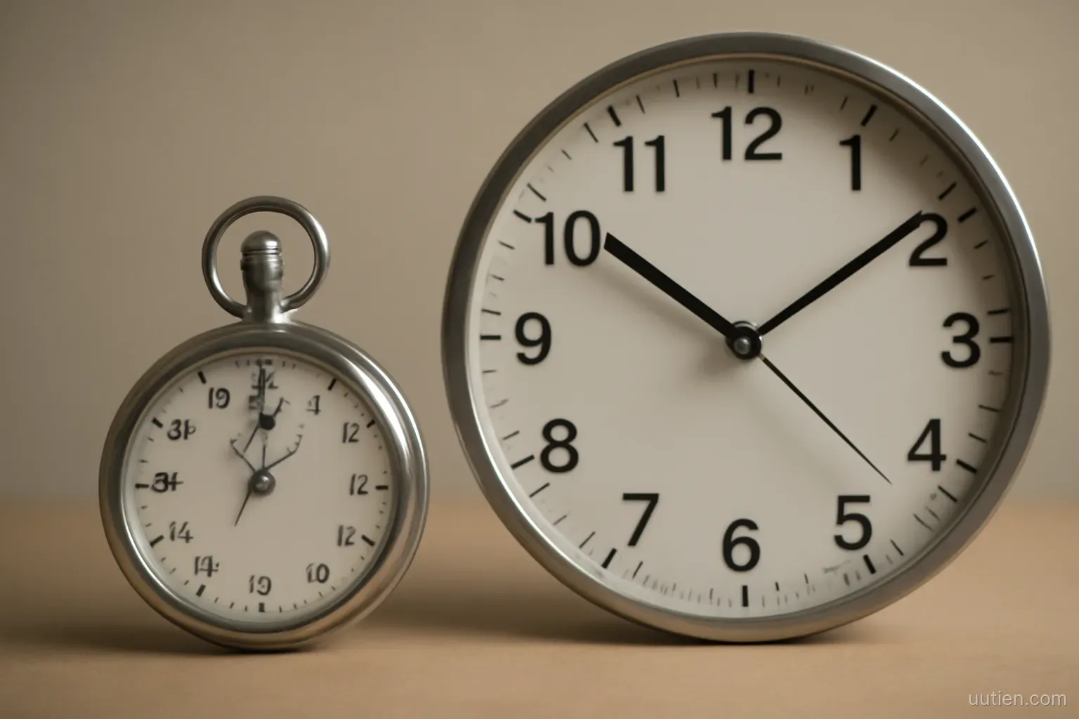 a stopwatch and a wall clock placed side by side on a plain table, close crop, even light