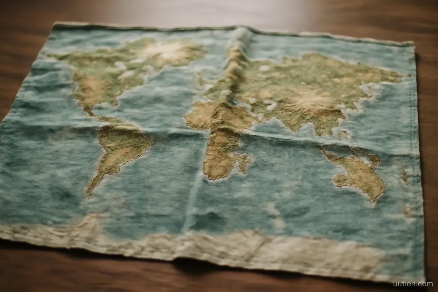 a world map printed on fabric folded on a table with creases across it, no legible labels